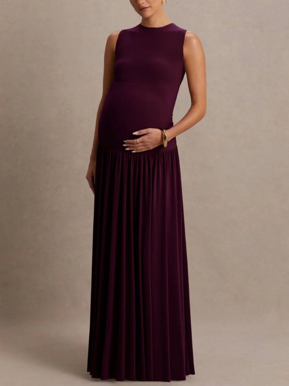 Club L London Plum High-Neck Maternity Stretch Maxi Dress with Draped Skirt